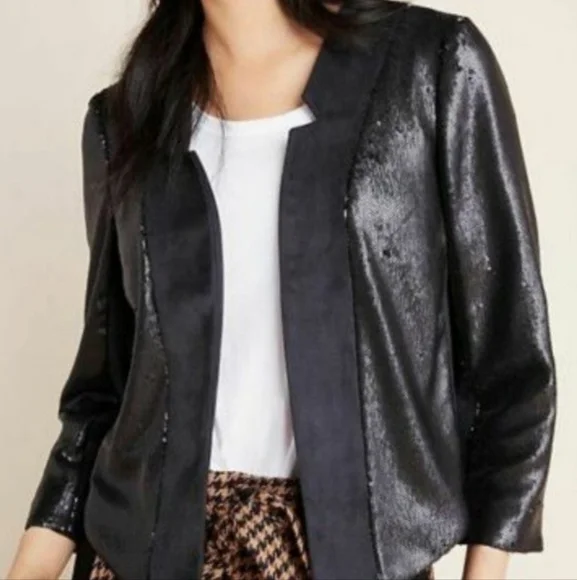 Anthropologie NWT Shonda black sequin cropped blazer jacket Large